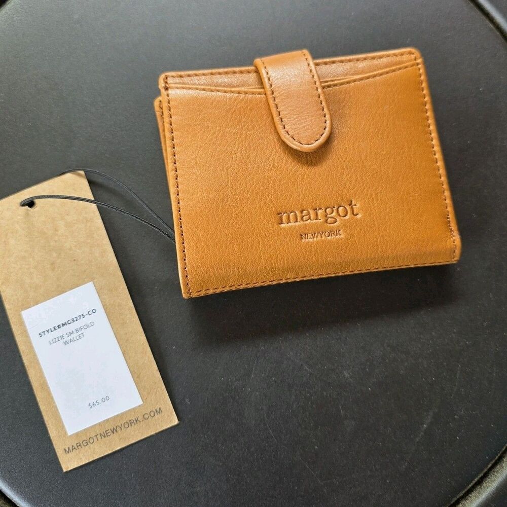 MARGOT NEW YORK Lizzie Small Bifold Wallet Genuine Leather Whiskey Brown NEW